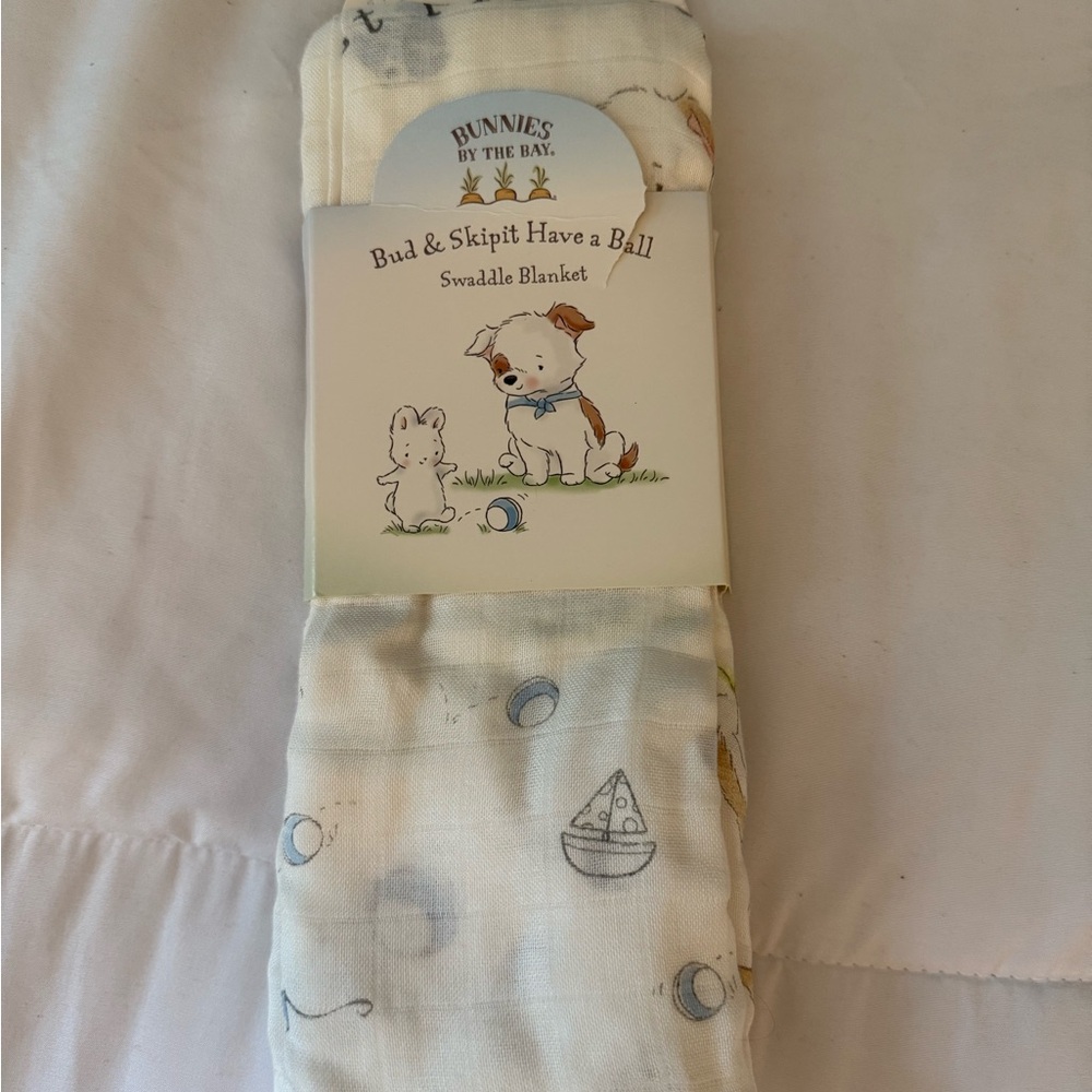 Bunnies by the Bay Soft Swaddle Blanket with Blue and Brown Accents